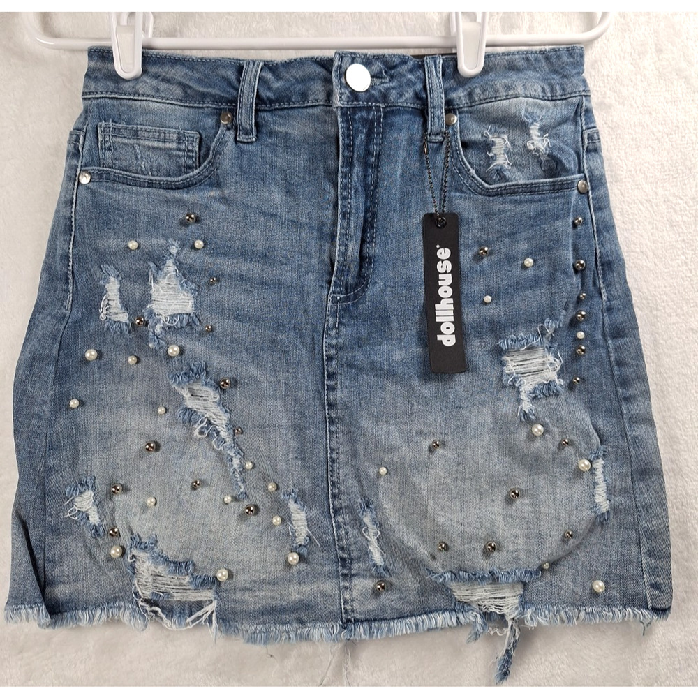Dollhouse Blue Jean skirt Distressed Frayed with Beads Light Wash, Size 7
